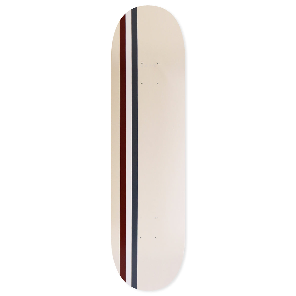 Skateboard Cafe Stripe - Cream/Burgundy/White/Navy skateboard deck: Plain cream deck with three narrow vertical stripes in burgundy, white and navy running along one side.