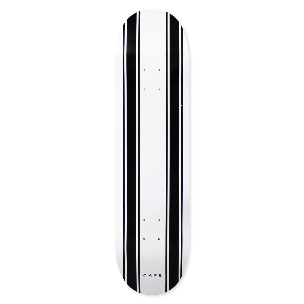 Skateboard Cafe Stripe (White/Black) skateboard deck: Plain white deck with two pairs of thick black vertical racing stripes running down each side and a small CAFE wordmark near the bottom.