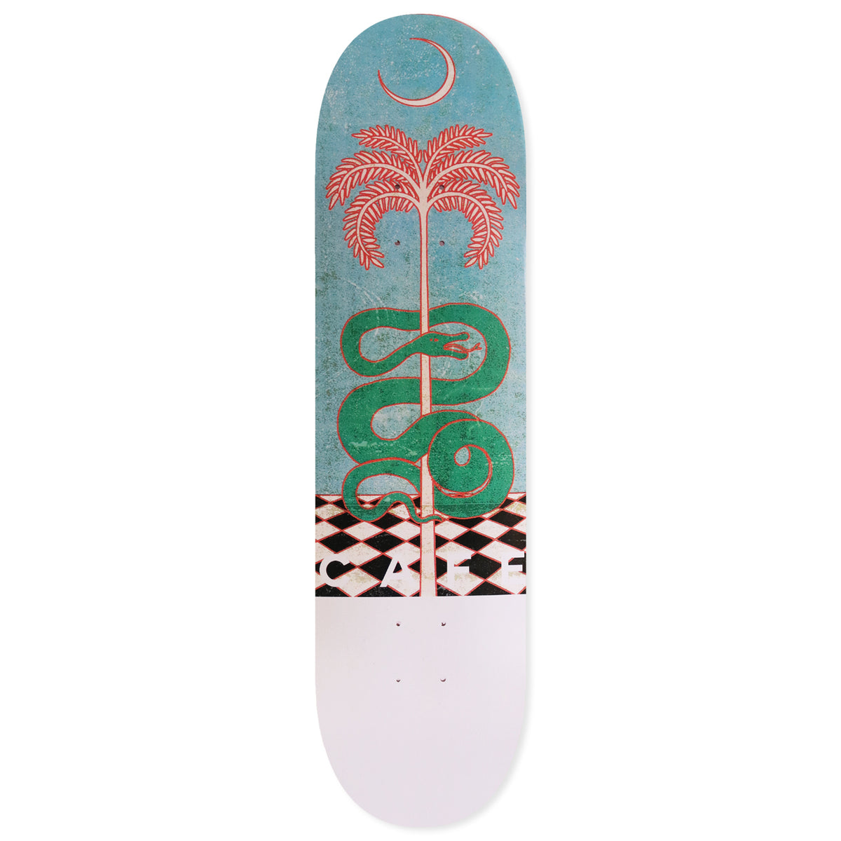 Skateboard Cafe Tree Of Life skateboard deck: A distressed print of a coral palm tree with a green snake coiled around its trunk under a crescent moon, standing on a black and white chequered floor. Lower section white with vertical lettering.
