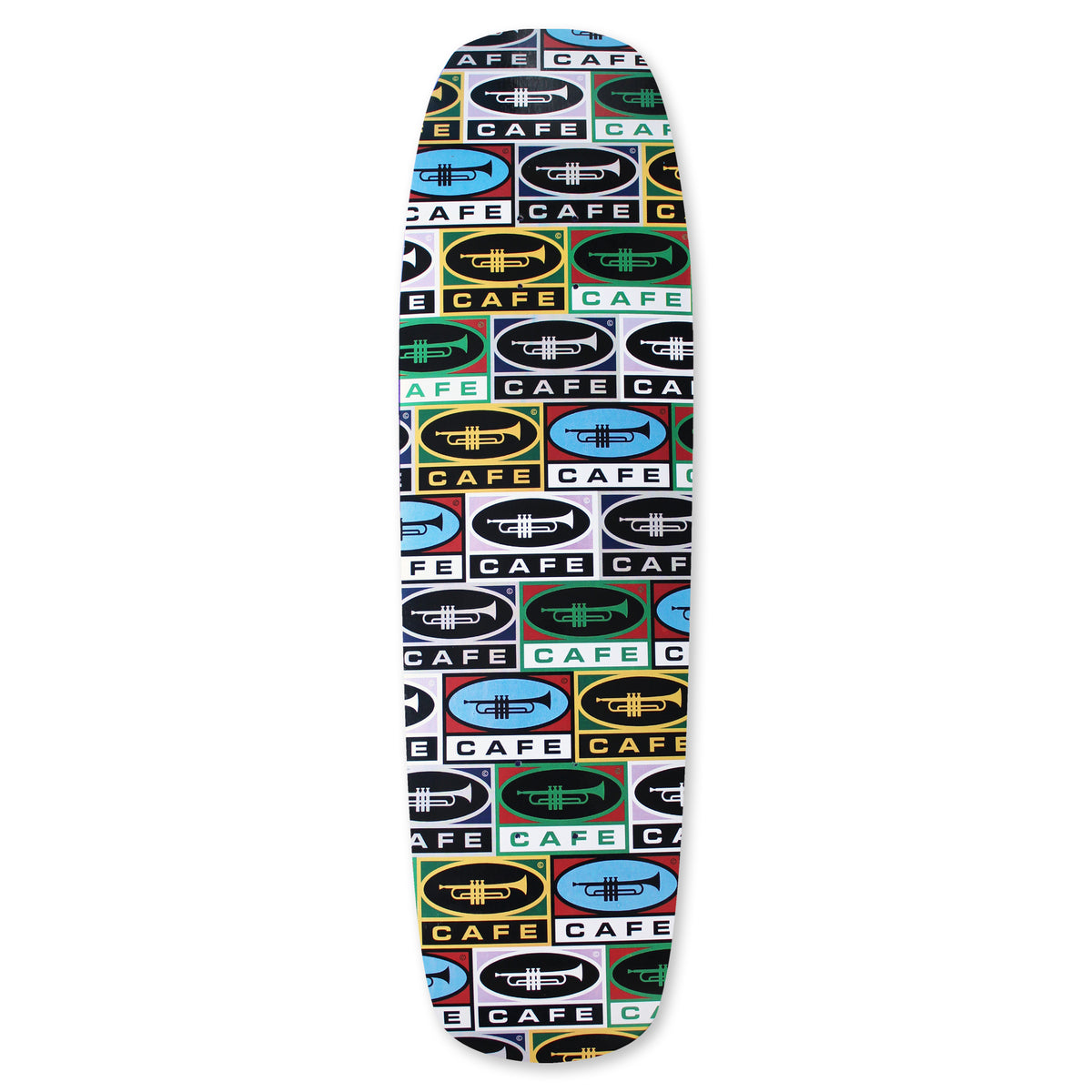Skateboard Cafe Trumpet Collage Cruiser skateboard deck: An all-over repeating pattern of oval trumpet logos above the word CAFE, in tiles of blue, green, yellow, black and white, covering a shaped cruiser deck.