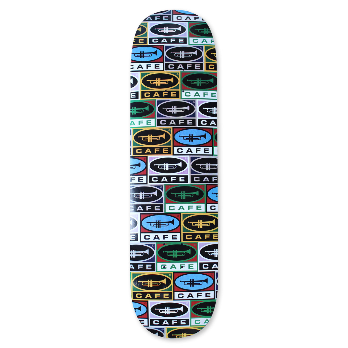 Skateboard Cafe Trumpet Collage C2 Shape Multi skateboard deck: All-over pattern of overlapping oval and rectangular labels, each with a trumpet and the word 'CAFE', in blue, green, yellow, black and lilac blocks.