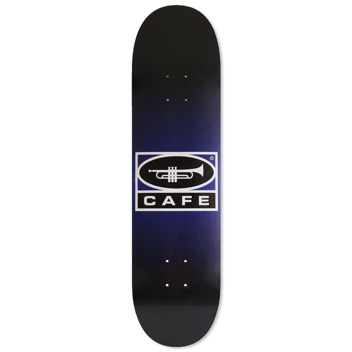 Skateboard Cafe Trumpet Logo - Navy/Black Fade skateboard deck: A boxed logo of a white trumpet inside a black oval, above the word CAFE on a black bar, in a blue frame, set on a black to navy fade.