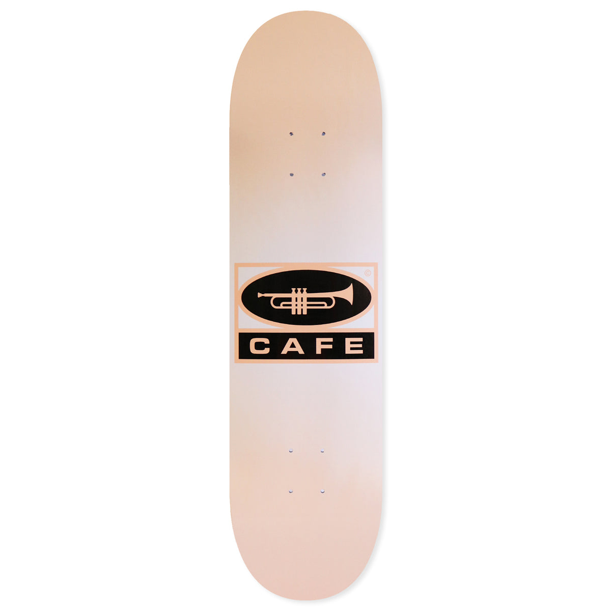 Skateboard Cafe Trumpet Logo - Peach/White Fade skateboard deck: Peach-to-white faded deck with a central black oval containing a trumpet, above a black bar reading CAFE, all in a peach-outlined rectangle.