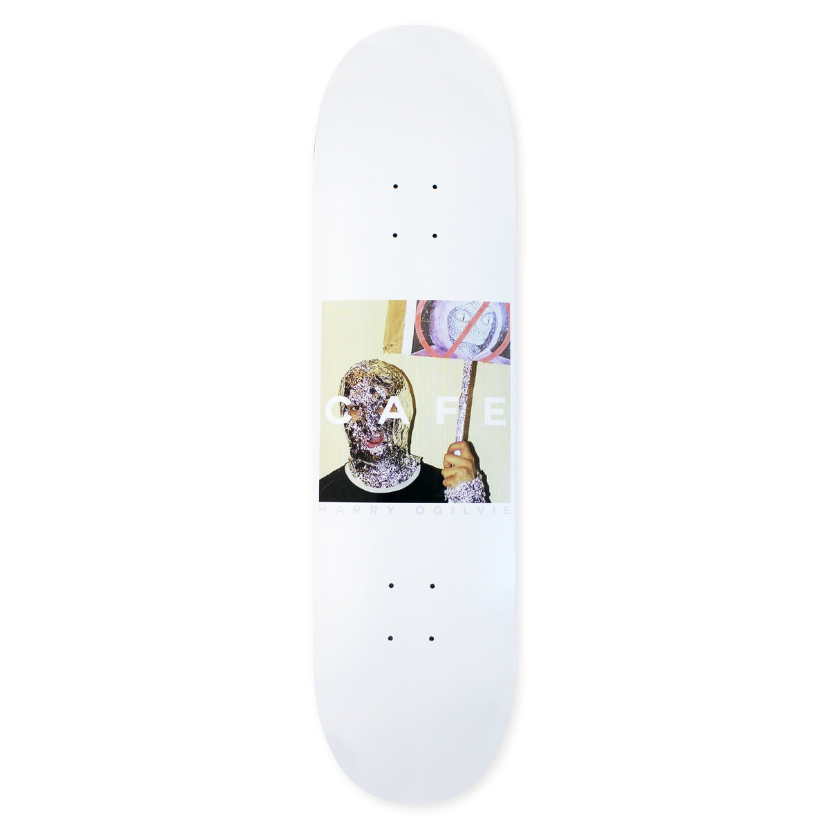 Skateboard Cafe Urban Shapeshifting Reptilian Harry Ogilvie (White) skateboard deck: White deck with a square colour photograph of a person with a crumpled tin foil mask holding a protest sign, with CAFE in white capitals across it and the rider name beneath.