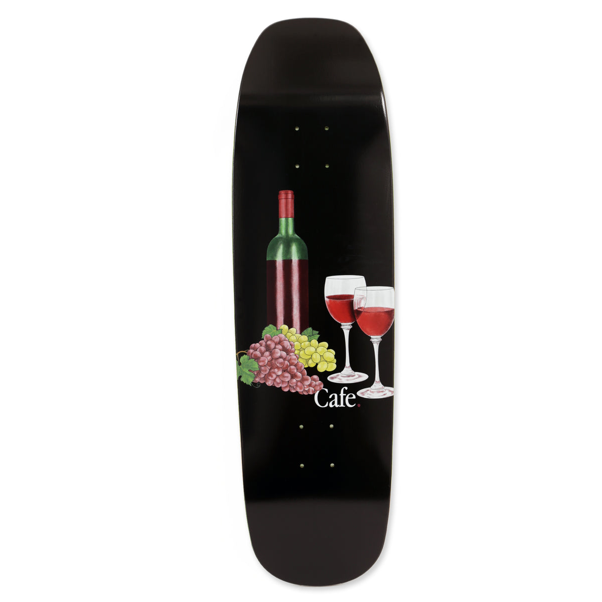 Skateboard Cafe Vino Cruiser Black skateboard deck: Black shaped cruiser deck with an illustration of a wine bottle, two glasses of red wine and bunches of red and green grapes, with Cafe in white lettering.