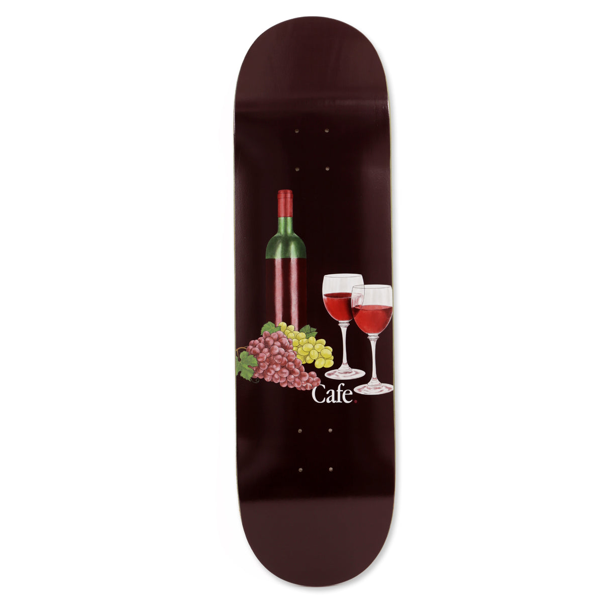 Skateboard Cafe Vino - C2 Shape Burgundy skateboard deck: A wine bottle, two glasses of red wine and bunches of red and green grapes in a still life on a deep burgundy deck, with the Cafe wordmark in white beside the grapes.