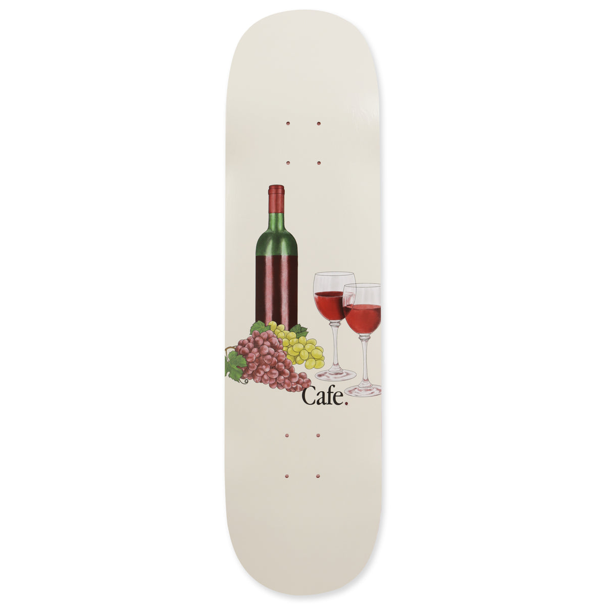 Skateboard Cafe Vino - C2 Shape Cream skateboard deck: A wine bottle, two glasses of red wine and bunches of red and green grapes in a still life on a cream deck, with the Cafe wordmark in black beside the grapes.