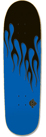 Powell Peralta Hot Rod Blue Flames skateboard deck: Black flames lick down from the nose over a royal blue deck, with a small black Powell logo near the tail.