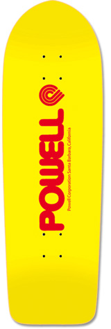 Powell Peralta Original Logo skateboard deck: Plain yellow deck with large red vertical POWELL lettering and a red concentric-swirl logo, with small red text reading Powell Corporation Santa Barbara, California.