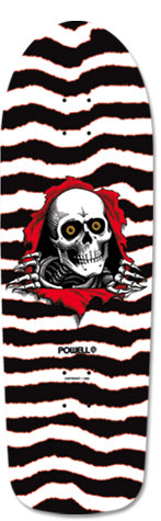 Powell Peralta Ripper skateboard deck: A skull with amber eyes and skeletal hands tears through a red rip in the deck, which is covered in jagged black and white torn-paper stripes with red edging. Small Powell logo below.