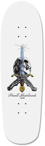 Powell Peralta Skull & Sword skateboard deck: A skull with a sword thrust through it and skeletal arms crossed beneath, with a sparkle at the blade tip, on a white deck. Script Powell Skateboards lettering sits below.
