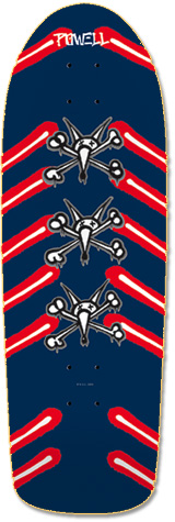 Powell Peralta Vato Rat Bones skateboard deck: Three white Vato Rat skull-and-crossbones logos stacked down a navy deck, with red and white chevron-like paint streaks angling behind them. POWELL lettering sits at the top.