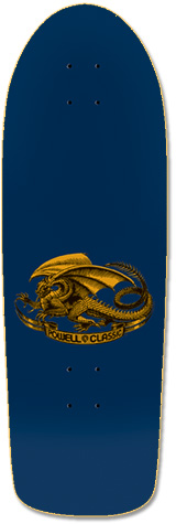 Powell Peralta Vato Rat Bones (Blem) skateboard deck: A small gold winged dragon coiled on a banner reading Powell Classic, centred on a plain navy deck.