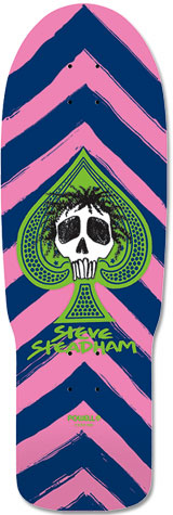 Powell Peralta Steadham (Blem) skateboard deck: A skull with spiky black hair sits in the middle of a green spade symbol, over brushed navy and pink chevron stripes. Green Steve Steadham lettering and a small Powell logo are below.