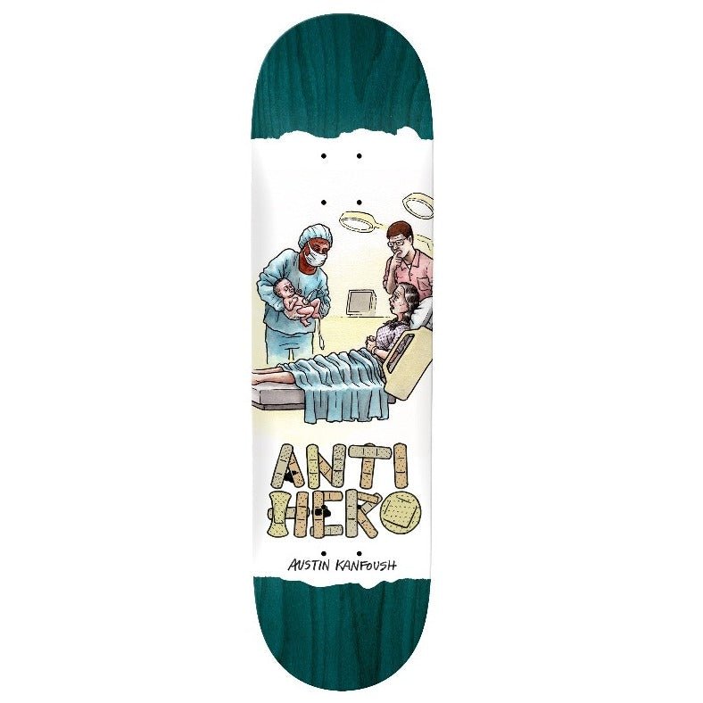 Anti Hero Kanfoush Medicine (Multi) skateboard deck: Comic-style hospital birth scene with a masked surgeon holding a newborn, a worried man and a woman in a bed, above Anti Hero lettering made of sticking plasters, on a white panel with torn edges over a teal stain.