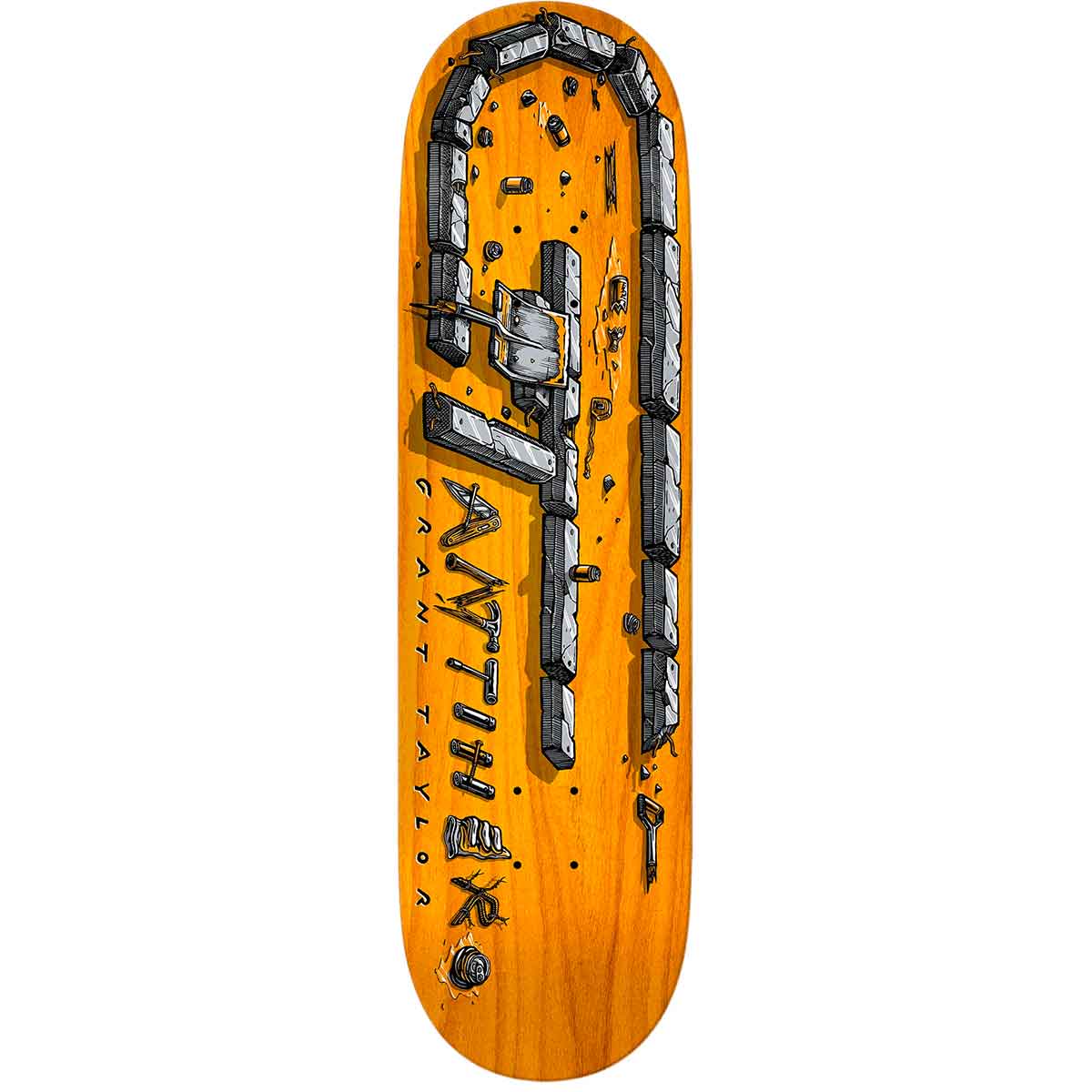 Anti Hero Taylor Debris (Multi) skateboard deck: Grey stone blocks and rubble forming the Anti Hero lettering, drawn as a broken, chiselled structure scattered with small debris, on an orange stained deck. The rider name sits in small capitals.
