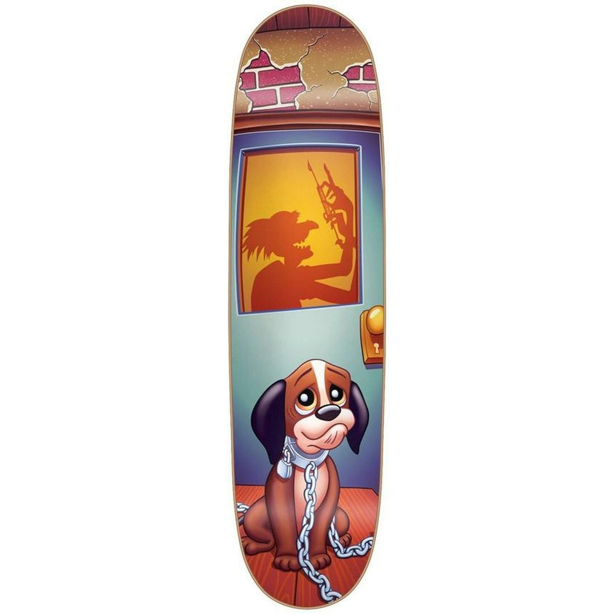 Blind Tim Gavin Dog Pound Slick skateboard deck: A cartoon beagle sits chained and looking sad in front of a door with a cracked brick wall above, while a menacing silhouette with a syringe is cast in the lit window. The deck has a slightly shaped, rounded outline.