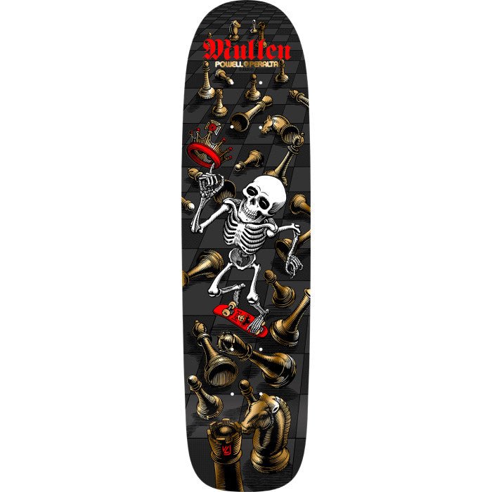 Powell Peralta Bones Brigade Rodney Mullen Chess Series 16 -Limited skateboard deck: A skeleton rides a red skateboard and spins a red crown on one finger, over a grey chessboard scattered with gold chess pieces. The name is in red gothic lettering at the top.