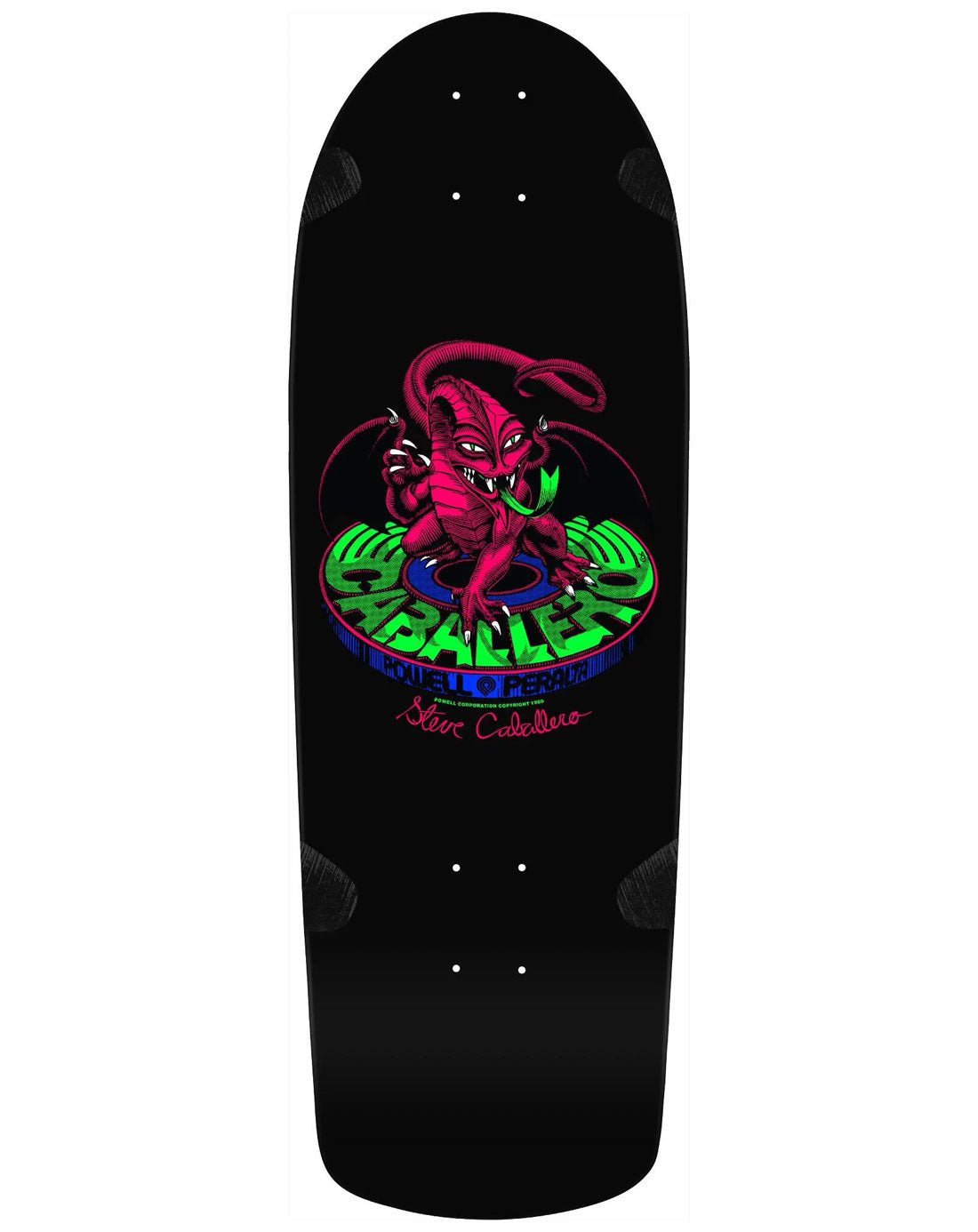 Powell Peralta Bones Brigade Series 14 Steve Caballero Black Light skateboard deck: A magenta clawed dragon-like creature with a curled tail stands on a green and blue ring bearing the rider's name, with a signature below. On a black old school shaped deck with kicked nose and tail.