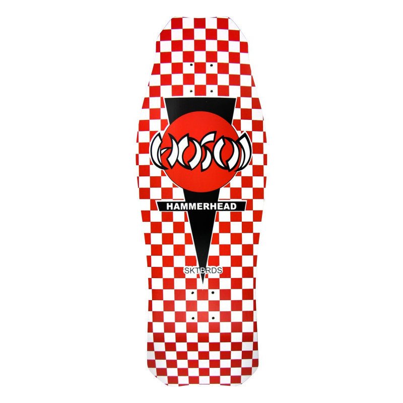 Hosoi OG Hammerhead Checker RED skateboard deck: Red and white checkerboard covers an old-school shaped deck, with a black downward-pointing triangle holding a red circle and the Hosoi logo, and a HAMMERHEAD label below.