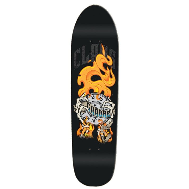 Madrid Claus Grabke Shof skateboard deck: Black old-school shaped deck showing a large orange flame rising behind a clock held by skeletal hands, with the rider's name in dark arched letters at the top and across the clock.