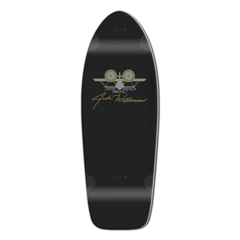 Madrid X SMA Jack Waterman skateboard deck: A black old-school shaped cruiser deck with a silver and gold Santa Monica Airlines seaplane-style logo and a gold Jack Waterman signature in the centre.