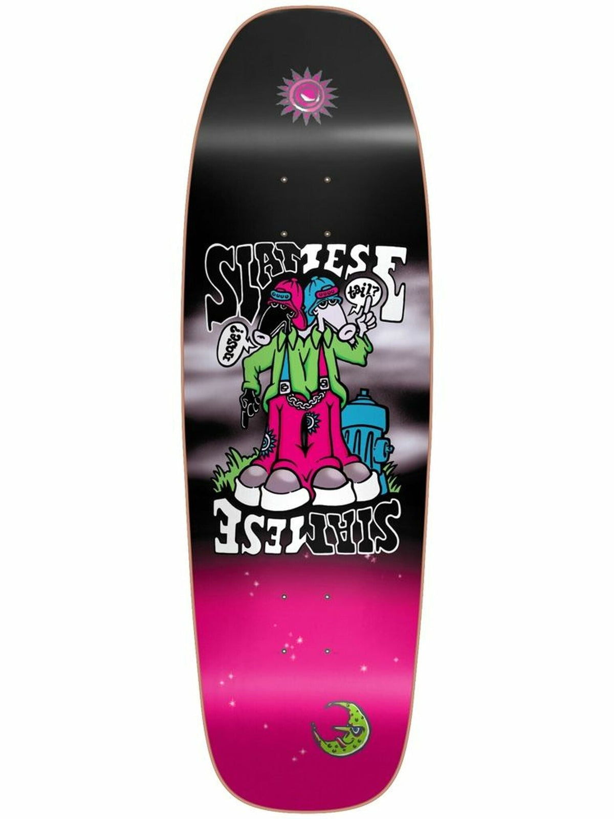 New Deal Neon Siamese Slick skateboard deck: A two-headed cartoon dog in a green jacket and pink dungarees stands by a blue fire hydrant, with speech bubbles and SIAMESE lettering above and upside down below. Black deck with grey clouds fading to pink, a sun logo at the nose and a green moon at the tail.