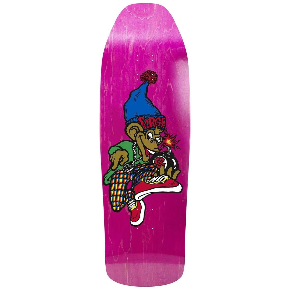 New Deal Sargent Monkey Bomb skateboard deck: Cartoon monkey in a blue pom-pom beanie marked 'Sarge', green jacket, chain and checked trousers, sitting on a black lit-fuse bomb with red trainers. Old-school shaped deck with a pink stain.
