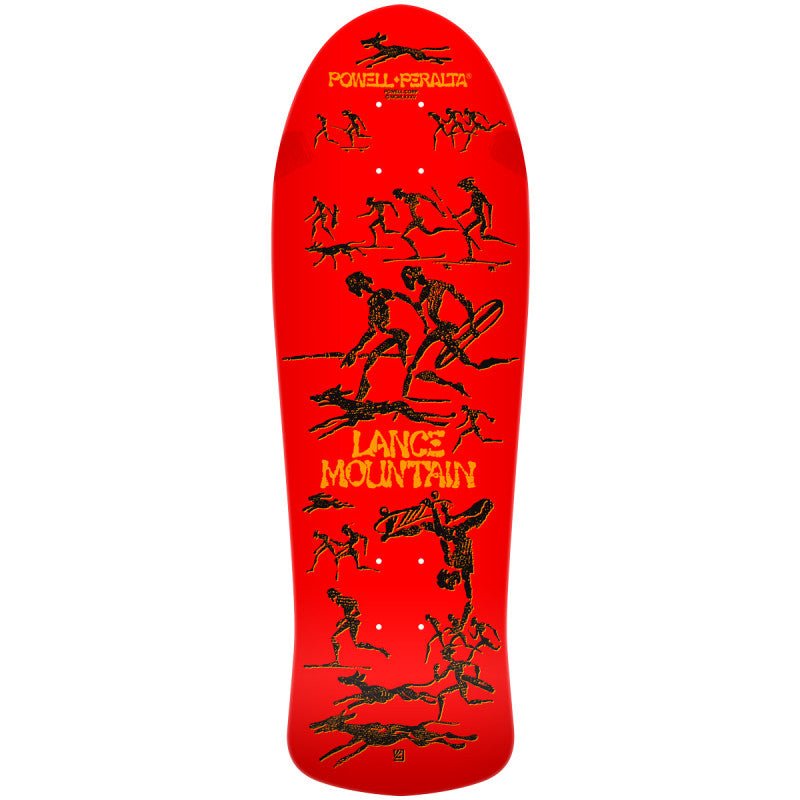 Powell Peralta Bones Brigade Mountain Series 15 RED skateboard deck: Cave-painting-style black and gold figures run, chase dogs and ride skateboards across a red deck, with a skateboarder upside down near the lower half. The rider's name is in gold block letters.