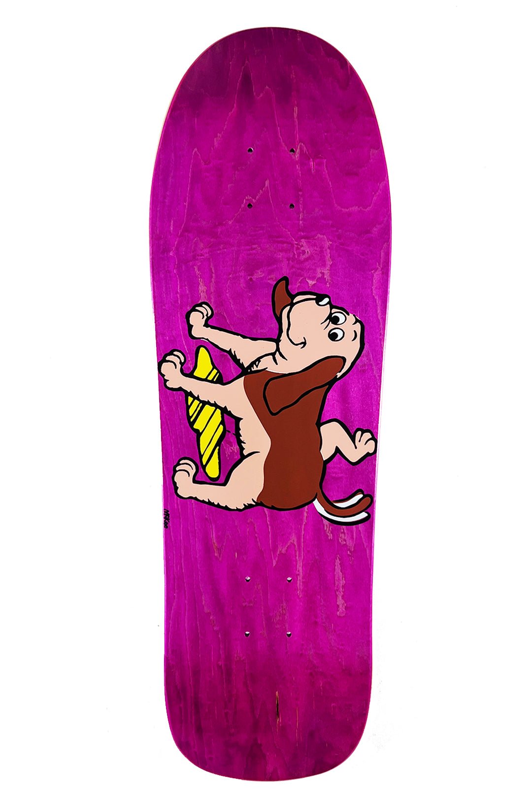 Prime Wood Primewood LA Prime Heritage Pissing Dog Signed by McKee . skateboard deck: A cartoon brown and pink dog seen side-on, cocking a leg to pee a yellow stream, on a purple stained wood old-school shaped deck. Flat simple outlines.