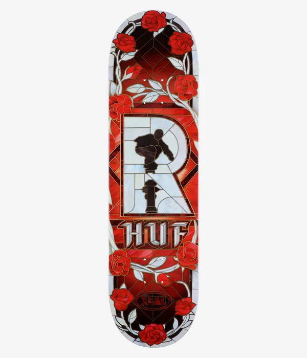 Real HUF Cathedral skateboard deck: Stained-glass window design in reds and pearly white: a large R containing a silhouetted skater over a fire hydrant, framed by roses and thorny stems, with 'HUF' in gothic letters below.