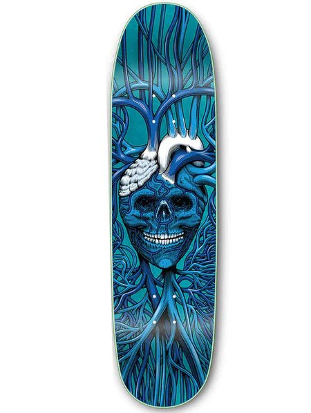 Strangelove Code Blue skateboard deck: Detailed illustration of a grinning blue skull set into an anatomical heart, with veins and arteries branching out around it. Everything is drawn in shades of blue and teal with a white highlight on the heart.