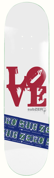 Sub Zero Love Park skateboard deck: Large red 'LOVE' sculpture lettering in stacked blocks with a tilted O, distressed texture, on a white deck, with a diagonal blue band of repeated brand text and address across the lower part.