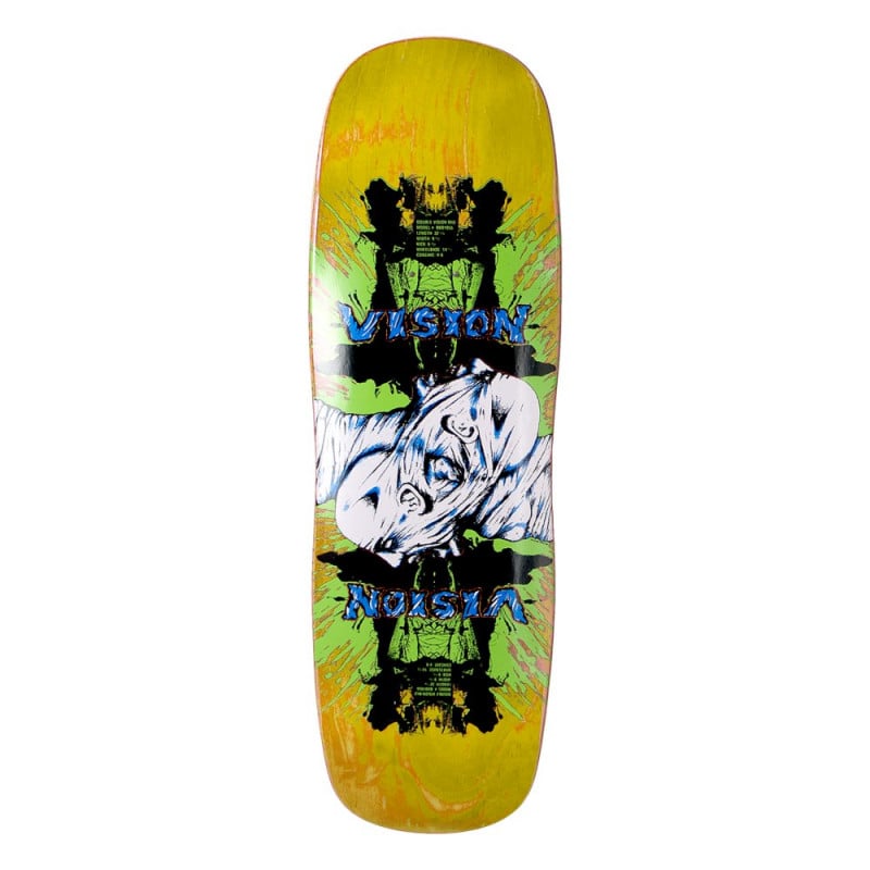 Vision Street Wear double - Yellow skateboard deck: Mirrored, ink-blot style design with a white and blue bandaged face lying sideways at the centre. Vision lettering in blue appears at the top and, upside down, at the bottom, over black and green splatter, on a yellow-stained wood deck.