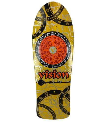 Vision Street Wear JOE Johnson Hieroglyphics skateboard deck: Large orange disc covered in hieroglyph-like symbols, ringed with Vision lettering and Joe Johnson in black bands, with more curved bands and grey symbols across a yellow-stained old-school deck. Orange Vision logotype sits below the disc.