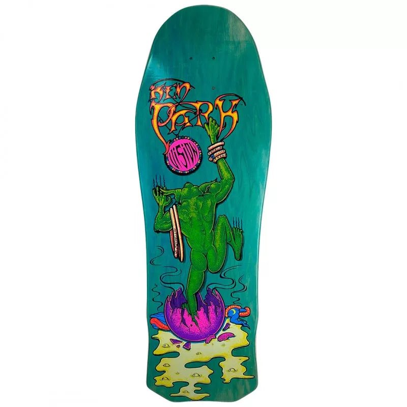 Vision Street Wear Ken Park III skateboard deck: A green creature with one arm raised and wrapped in bracelets bursts from a cracked purple egg, holding a knife, above a yellow puddle. 'Ken Park' is in flame-style lettering with a Vision logo, on a teal-stained old-school shape.