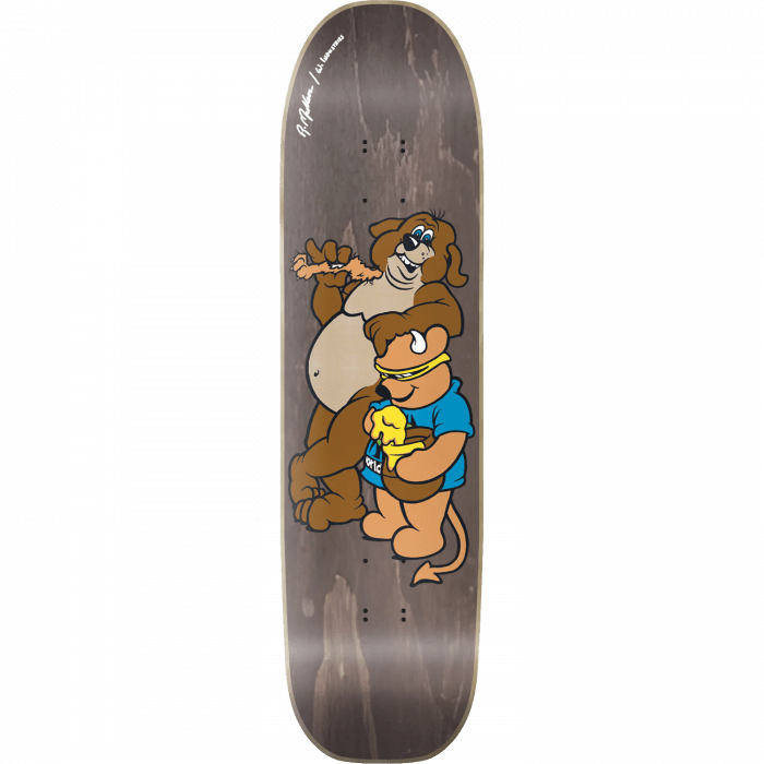 World Industries WI Mullen Bear Brown skateboard deck: Cartoon illustration on a grey-brown stained deck: a fat brown dog lounging behind a bull-horned, bear-like character in a blue T-shirt holding a dripping honey pot. Small signature text near the nose.