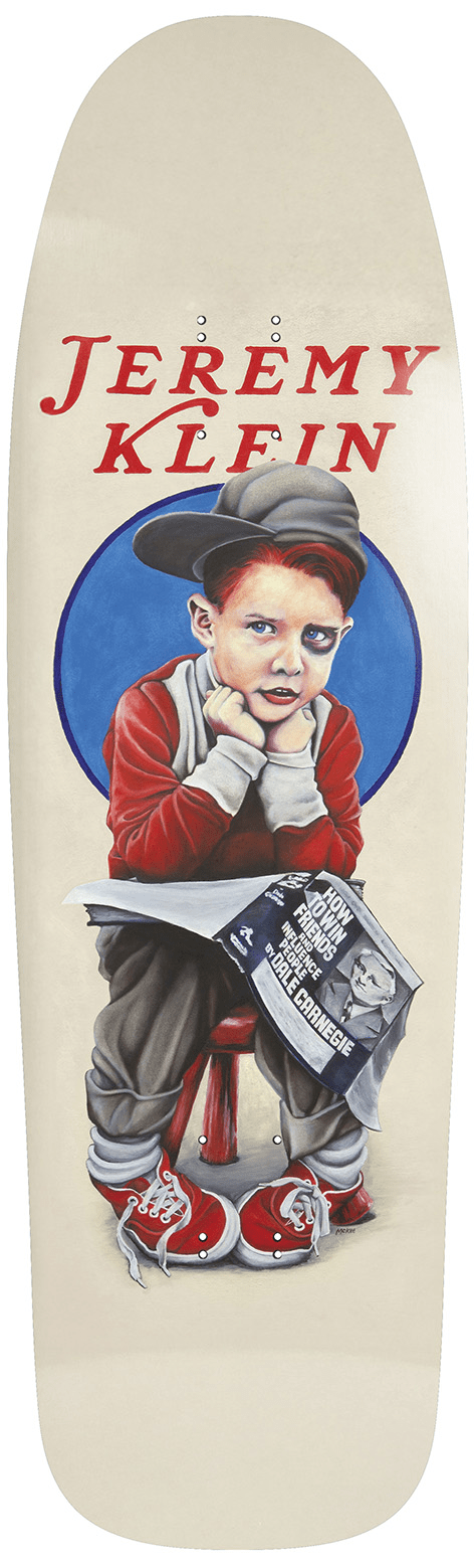 World Industries Klein Black EYE KID Slick skateboard deck: A painted portrait of a boy with a black eye in a cap, red jumper and red trainers, sitting on a stool with his chin on his hands and a newspaper on his lap, before a blue circle. Name in red above.