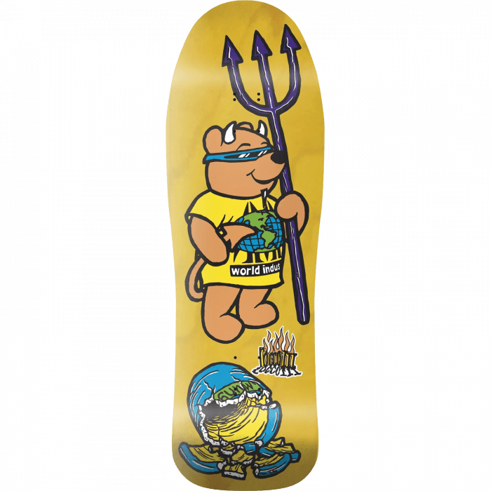 World Industries Steve Rocco III skateboard deck: A cartoon devil bear in sunglasses and a yellow World Industries shirt holds a purple trident and a globe. Below, a cracked blue globe sits among banana peels, with a small flaming logo, on a yellow stained deck.