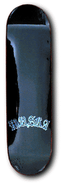 Unknown Chad Muska skateboard deck: Dark glossy black deck with a faint grey-blue panel running down the centre. A small gothic blackletter logo reading Muska is printed in pale blue near the lower middle.