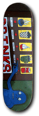 Unknown Frazier Vending skateboard deck: Naive painted scene of a blue creature with big round eyes reaching toward a shop sign with red lettering, beside a row of five yellow panels showing odd objects including a tin can and a striped item.