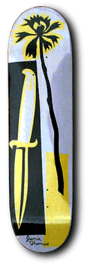 Unknown Jamie Thomas Knife skateboard deck: Pale lavender deck with a yellow and black stylised dagger on a black panel and a tall black flower on a long curved stem above a yellow block. Signature at the tail.