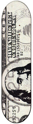 Capital Dollar Bill skateboard deck: A black and white dollar note fills the deck, with a portrait of a head in the lower half, serial numbers and a seal at the top. Small text across the note is partly rewritten.