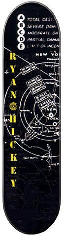 Capital New York skateboard deck: Black deck with a white line-drawn map of the New York area overlaid with concentric blast circles and labels, plus a damage-scale list at the top. The rider name runs down the board in yellow capitals.