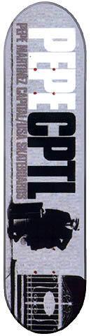 Capital Deck skateboard deck: Grey-blue deck with large white and black block lettering reading PEPE CPTL, a small vertical line of text, and a black-and-white photo of a seated figure and railings at the bottom.
