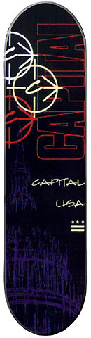 Capital Team skateboard deck: A dark navy and black deck with large red Capital lettering up the right side, overlapping white and red crosshair-style circles with a C at the top, and a faint purple Capitol building behind. Small cream text and a striped flag mark below.