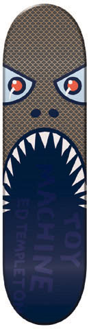 Toy Machine Bite skateboard deck: Cartoon monster face with red and white eyes, scaly brown skin and a wide open mouth of white teeth fading to navy. Toy Machine and Ed Templeton are printed faintly in the mouth.