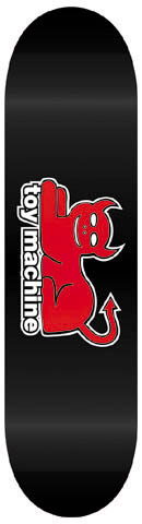 Toy Machine Devil Cat skateboard deck: A red devil cat with horns and a pointed tail lies beside the vertical white Toy Machine logotype on a plain black deck.