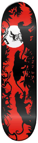 Toy Machine Chris Senn Jungle skateboard deck: Black silhouette jungle scene on red, with big cats prowling among vines and foliage and a white full moon at the top containing a small group of animals. Small text runs down the right edge.