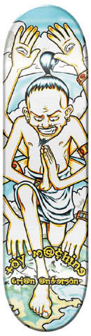 Toy Machine Brian Anderson Krishna skateboard deck: Illustrated multi-armed seated figure with a topknot, hands pressed together in prayer and other hands raised, against clouds and sky. Toy Machine and rider name are in yellow outlined lettering down the left.